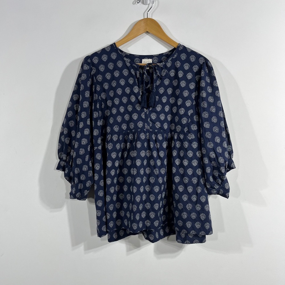 Marea Boho Preppy Block Print Cotton Tassel Babydoll Blouse Women XL Cottagecore